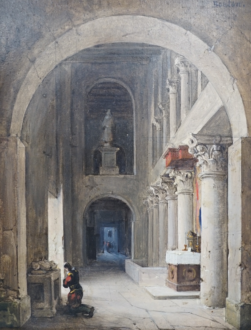 Charles Marie Bouton (French, 1781-1853), oil on board, Cathedral interior with kneeling figure, signed, 21.5 x 16.5cm. Condition - good